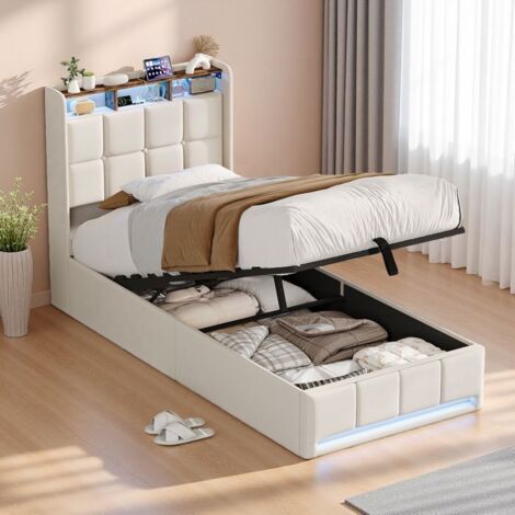 Bett einfach 90x200 cm, Bett mit Stauraum 90x200 cm, Bett 90x200 cm mit Lattenrost und LED, Aufbewahrungstruhe, Beige