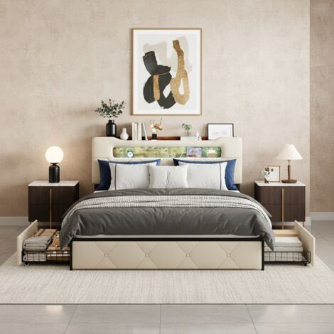 Bett Erwachsene 140x190 cm mit 4 Schubladen - Multifunktions-Kopfteil Samt Gepolstert - LED RGB - USB & Typ-C - Inkl. Lattenrost - Beige
