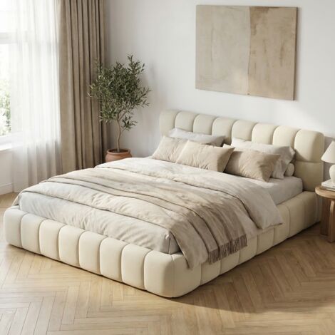 Bett Erwachsene 140x190 mit Lattenrost, Polsterbett Leinen, Wolken-Design & niedriger Bettrahmen, moderner Skandi-Stil(140x190cm, Beige)