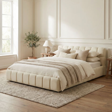 Bett Erwachsene 140x200, Doppelbett mit weicher Lehne, Flachbett mit Polsterrand, Leinenstoff, inkl. Lattenrost(140x200, Beige)