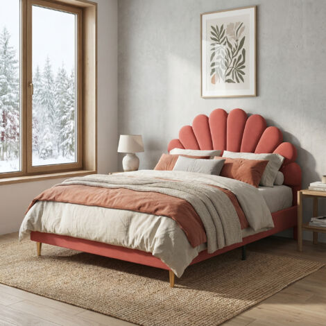 Bett Erwachsene 140x200, Polsterbett Samt, Kopfteil in Blütenform, moderner/skandinavischer Stil, goldene Metallfüße, Lattenrost und Bettrahmen(140x200cm, Rot)