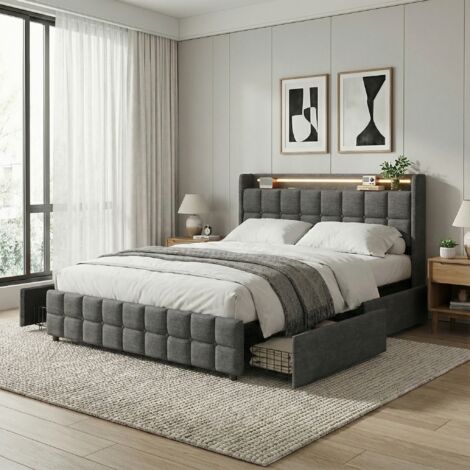 Bett Erwachsene 160x200, 4 Schubladen, Ladestation, 2 USB, 2 EU-Steckdosen, Polsterbett mit LED, Kopfteil mit Stauraum, Leinen, modern(160x200cm, Grau)