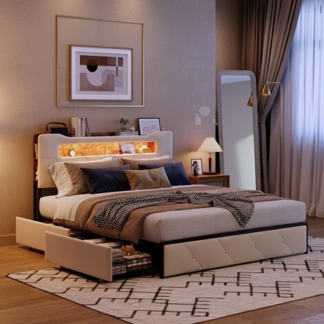 Bett Erwachsene 160x200 cm mit 4 Schubladen - Multifunktions-Kopfteil Samt Gepolstert - LED RGB - USB & Typ-C - Inkl. Lattenrost - Beige