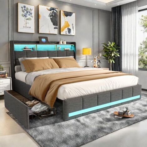 Bett Erwachsene 160x200 mit 4 Schubladen Metall, Doppelbett aus schwarzem Leinenstoff mit Stauraum, Bett mit LED RGB und USB-Ladeanschluss, Lattenrost