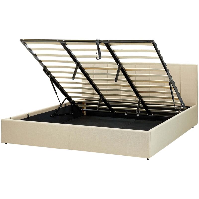 Beliani Bett Beige Stoffbezug Mit Lattenrost 180 X 200 Cm Hochklappbar Bettkasten Hohes Kopfteil Modern Schlafzimmer Möbel Ausstattung Doppelbett