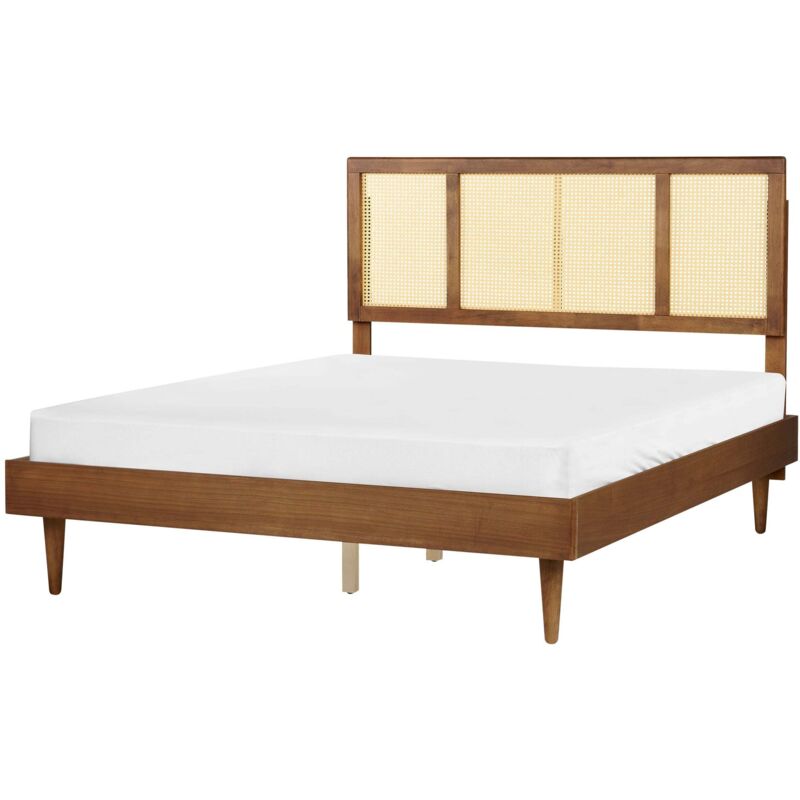 Beliani Bett Hellbraun Gummibaumholz Mit Lattenrost 160 X 200 Cm Hohes Kopfteil Wiener-geflecht Rustikaler Stil Schlafzimmer Ausstattung Doppelbett