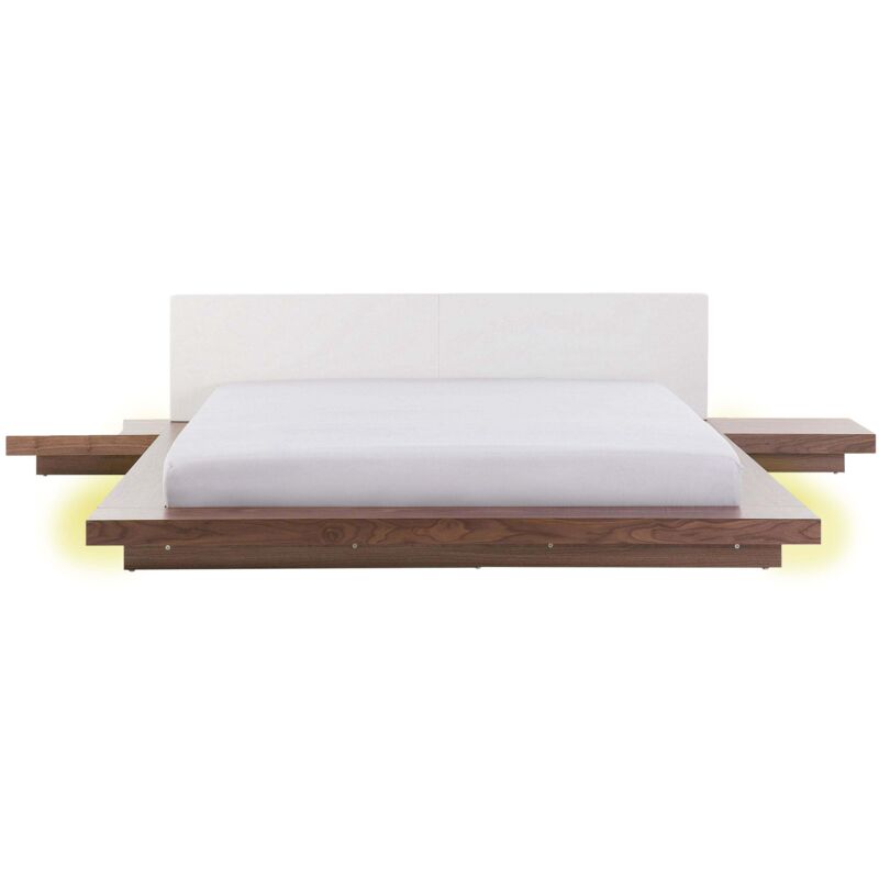 Beliani Bett Weiß Und Braune Esche Kunstleder / Mdf-platten Holzfurnier Led-beleuchtung Lattenrost 180 X 200 Cm 2 Nachttische Japanisch Doppelbett