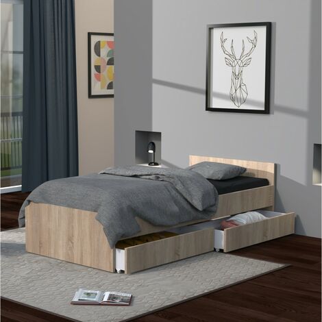 Bett KAPPA 90x190 + 2 Schubladen / Eiche gebleicht/ L194xB94xH40