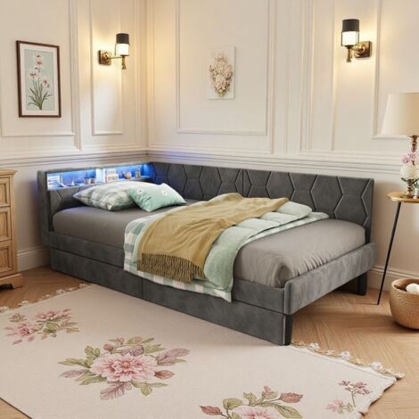Bett Kind 90x200 cm mit 2 Schubladen und LED, USB, Gepolstertes Bett, Kombi-Bett, Einzelbett, Schlafsofa mit Lattenrost, Bettgestell, Grau