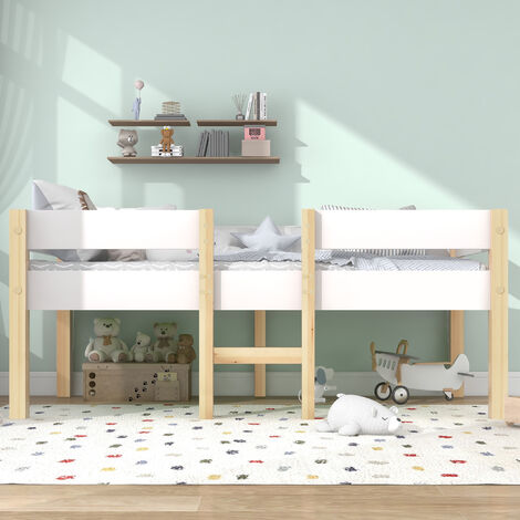 Bett Kinderbett mit Rausfallschutz, Kiefer-Vollholz-90x200 cm-Weiß & Eiche
