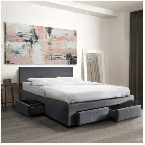 LE QUAI DES AFFAIRES Bett LUGANO 140x190 + 1 Bettkasten + 4 Schubladen / Dunkelgrau/ 202x150x85