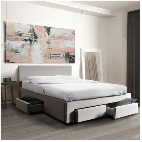 WEBER INDUSTRIES Bett LUGANO 140x190 + 1 Bettkasten + 4 Schubladen / Hellgrau/ 202x150x85