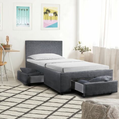 LE QUAI DES AFFAIRES Bett LUGANO 90x190 + 1 Bettkasten + 2 Schubladen / Dunkelgrau/ 202x100x85