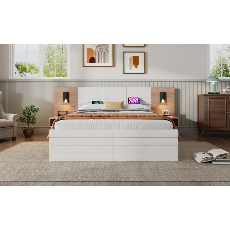 Mivray Bett Massivholz+mdf Weiß/eiche 160x200 Cm Mit Matratze, 2 Schubladen, Usb Und Leselicht