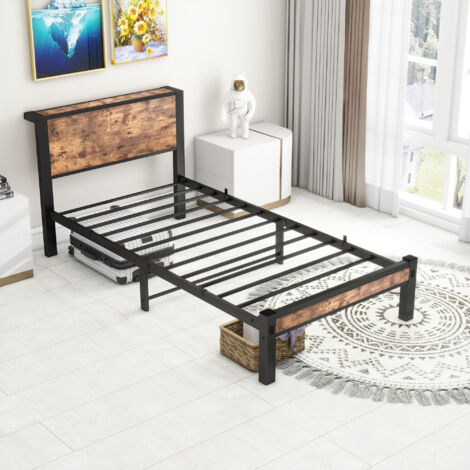 Bett Metall und MDF Antikbraun/Schwarz 90x200 cm mit Stauraum-Kopfteil und Lattenrost