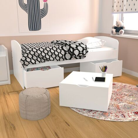 Bett MIA 90x190 + 1 Bettkasten + 2 Schubladen + 1 Kasten Couchtisch / Weiß/ 193x95x75 cm