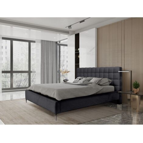 Bett MILLIO – Schwarz – 140x200 cm – Bouclé Chenille-Stoff – Lattenrost inklusive – 5-Sterne-Hotelkomfort
