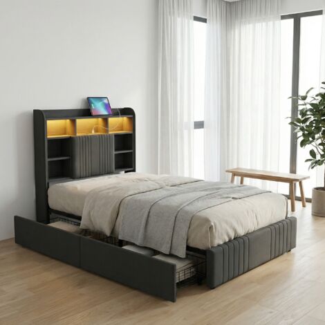 Bett mit 2 Schubladen 90x200, gepolstertes Bett mit LED-Beleuchtung und USB-Anschluss, Kopfteil mit Stauraum, Holz und Leinen, moderner Stil, Grau