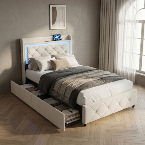 Bett mit 2 Schubladen 90x200, LED-Beleuchtung und USB/Type-C Anschlüssen, Einzelbett, gepolstertes Bettgestell aus Samt mit gestepptem Kopfteil und Ablage, Beige