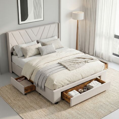 Bett mit 3 Schubladen 160x200, Polsterbett, Stauraumbett Leinen, Bett Erwachsene mit geometrischem Kopfteil, moderner Skandi-Stil(160x200cm, Beige)