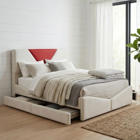 Bett mit 4 Schubladen 140x190, Doppelbett, Erwachsenenbett, Bettrahmen aus Samt und Metall, modernes Design mit kontrastierendem Dreiecksmuster, Beige
