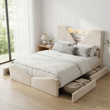Bett mit 4 Schubladen 140x200, Polsterbett mit LED, Kopfteil mit Regal-Stauraum, Samt, moderner Skandi-Stil(140x200cm, Beige)