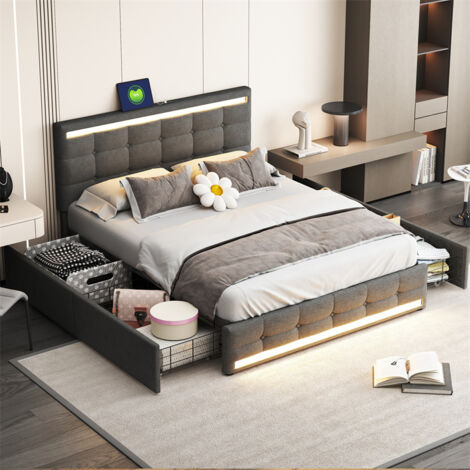 Bett mit 4 Schubladen 140x200cm - LED-Polsterbett und 2 USB-Ladestationen - Stauraumbett mit Holzlattenrost & Kopfteil Trittbrett - grau