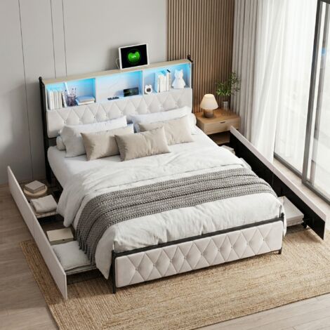 Bett mit 4 schubladen 160x200cm, Doppelbett, Erwachsenenbett,  Polsterbett mit LED-Beleuchtung und USB/Typ-C-Anschluss, Bettgestell aus Metall und Holz, Samt, Beige