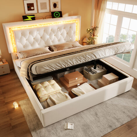 Bett Mit Bettkasten 140x200 cm Mit Hydraulischem Stauraum, LED-Kopfteil, Beiger Velours