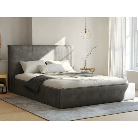 Bett mit Bettkasten - 160 x 200 cm - Stoff in Lederoptik - Anthrazit - KENZIALI - Anthrazitgrau