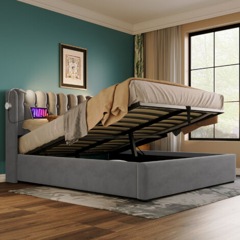 Bett mit Bettkasten 90×200 cm, Einzelbett mit USB, Leselampe und Kopfteil, ohne Matratze, aus Samt, Grau