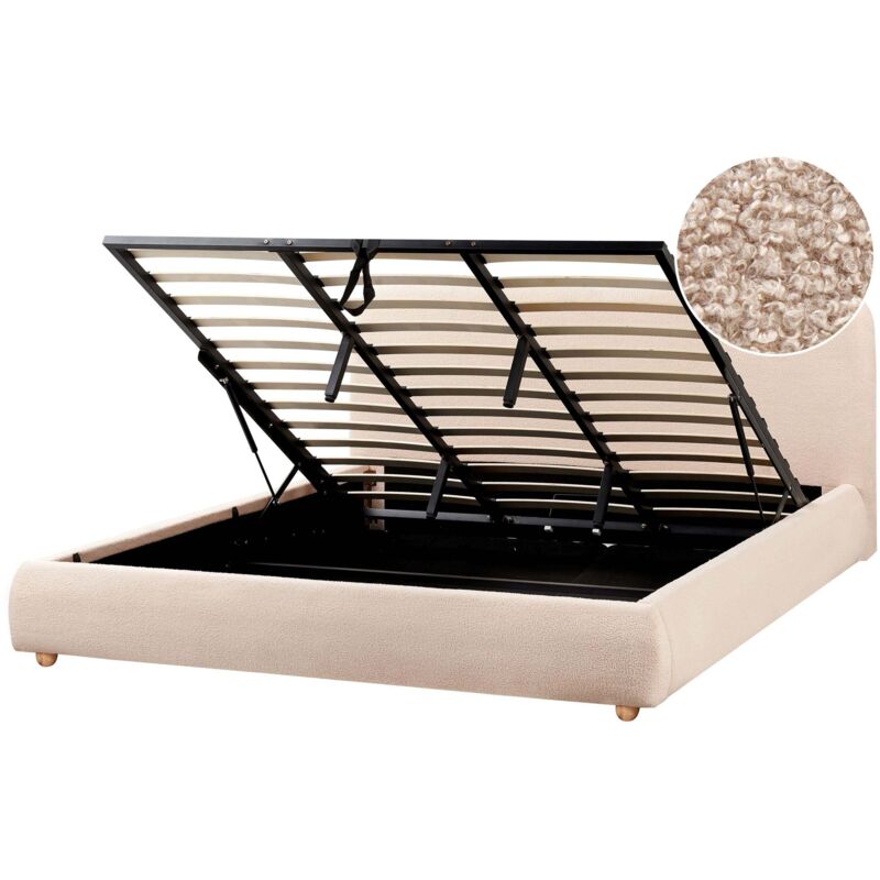 Beliani Bett Mit Bettkasten Beige Bouclé Gepolstert 180 X 200 Cm Lattenrost Hochklappbar Hohes Kopfteil Modern Schlicht Schlafzimmer Polsterbett