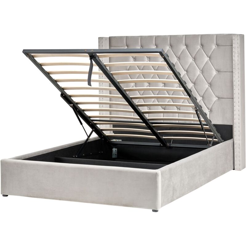 Beliani Bett Mit Stauraum Samtstoff Lubbon 140 X 200 Cm Hellgrau