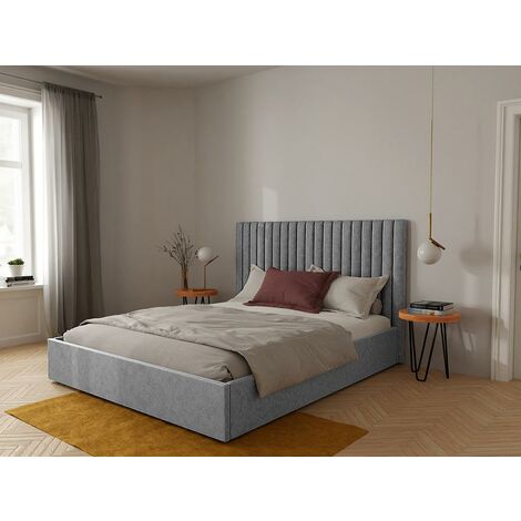 Bett mit Bettkasten & Bett-Kopfteil - 160 x 200 cm - Stoff - Grau - SARAH - Grau