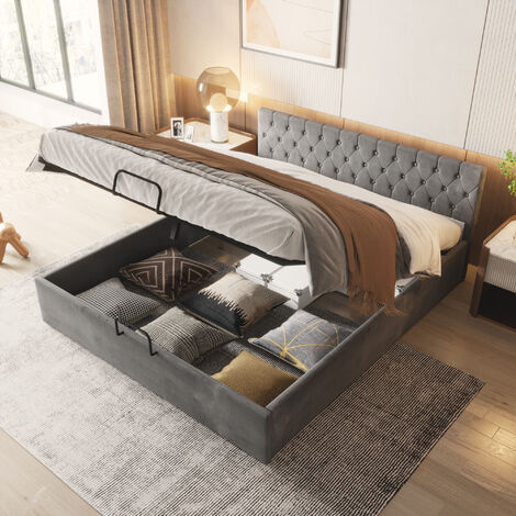 Bett mit Bettkasten Samt-Stoff Polsterbett Lattenrost Doppelbett Stauraum Holzfu (Grau, 180 x 200 cm)