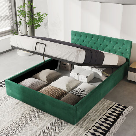 Bett mit Bettkasten Samt-Stoff Polsterbett Lattenrost Doppelbett Stauraum Holzfu schwarz (Gr¨¹n, 140 x 200 cm)
