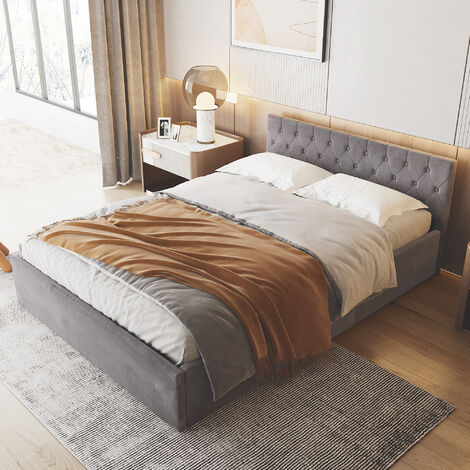 Bett mit Bettkasten Samt-Stoff Polsterbett Lattenrost Doppelbett Stauraum Holzfuß (Grau, 140 x 200 cm)