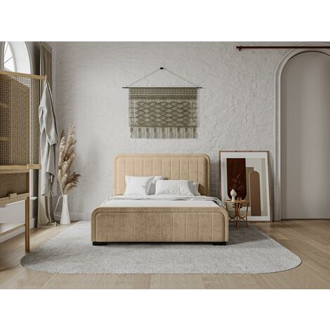 Bett mit Bettkasten und Kopfteil - 160 x 200 cm - Stoff - Wildleder-Optik - Beige - SERENA - Beige