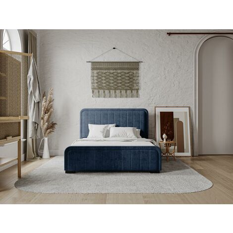 Bett mit Bettkasten und Kopfteil - 160 x 200 cm - Stoff - Wildleder-Optik - Dunkelblau - SERENA - Marineblau