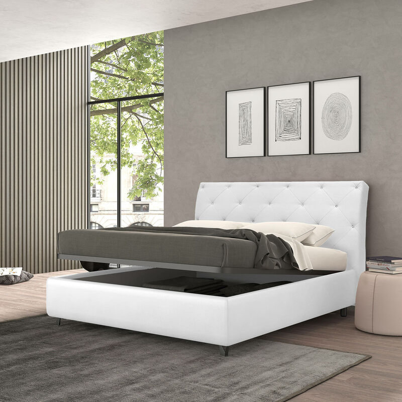 Bett mit Bettkasten eckig und halb Strauss, Made in Italy, Gepolsterte Stoffstruktur, Passend für 120x190 cm Matratze, Weiß - Talamo Italia