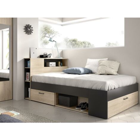 VENTE-UNIQUE Bett mit Kopfteil, Stauraum & Schubladen - 120 x 190 cm - Holzfarben & Anthrazit - LEANDRE