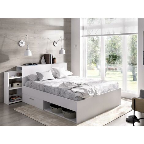 Bett mit Kopfteil & Stauraum & Schubladen - 140 x 190 cm - Weiß - FLORIAN - Weiß