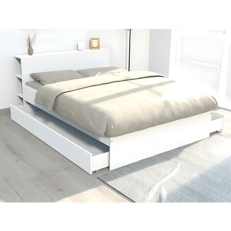 Bett mit Kopfteil & Stauraum & Schubladen - 160 x 200 cm - Weiß - EUGENE - Weiß