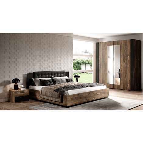 Bett mit Lattenrost, Liegefläche 180 x 200 cm und Kleiderschrank SOLMS-83 in Flagstaf Eiche dunkel Nb. und silber, kombiniert mit schwarz