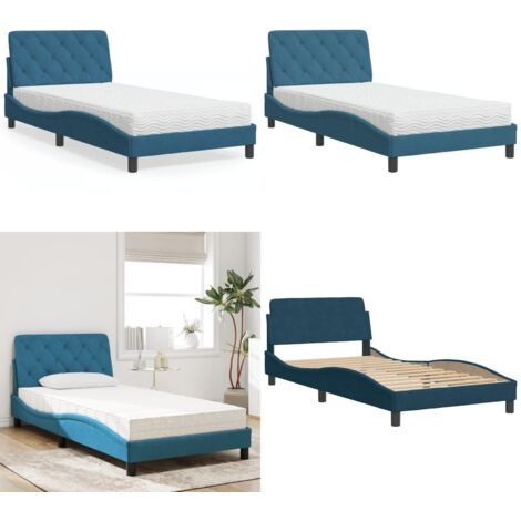 Bett mit Matratze Blau 100x200 cm Samt - Samtsofa - Boxspringbetten - Doppelbett - Blau Sofa - Schlafzimmer Dekoration - Home & Living