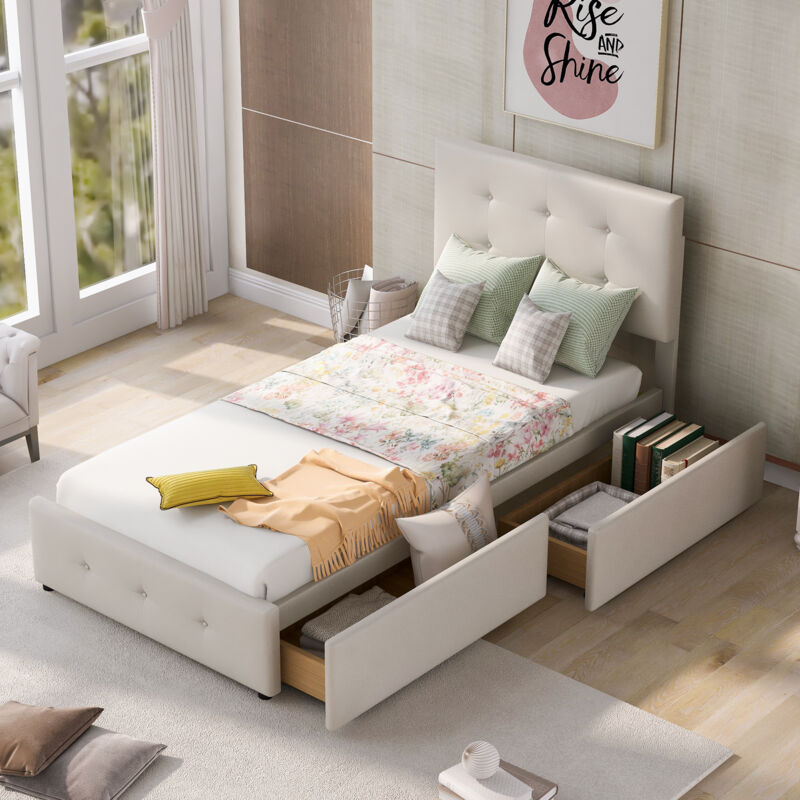 Modenvie Bett Mit Schublade 90×200 Cm, Einzelbett Mit Gepolstertem Kopfteil Und 1 Schublade, Ohne Matratze, Aus Samt, Beige