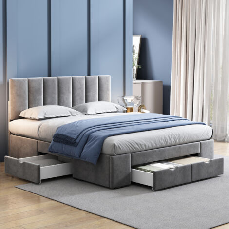 Bett mit Schubladen 140×200 cm, Doppelbett mit 4 Schubladen, Gepolstertes und Verstellbares Kopfteil, ohne Matratze, aus Samt, Grau