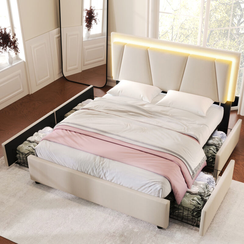 Modenvie Bett Mit Schubladen 140×200 Cm, Doppelbett Mit 4 Schubladen, Verstellbares Kopfteil Und Led, Ohne Matratze, Beige