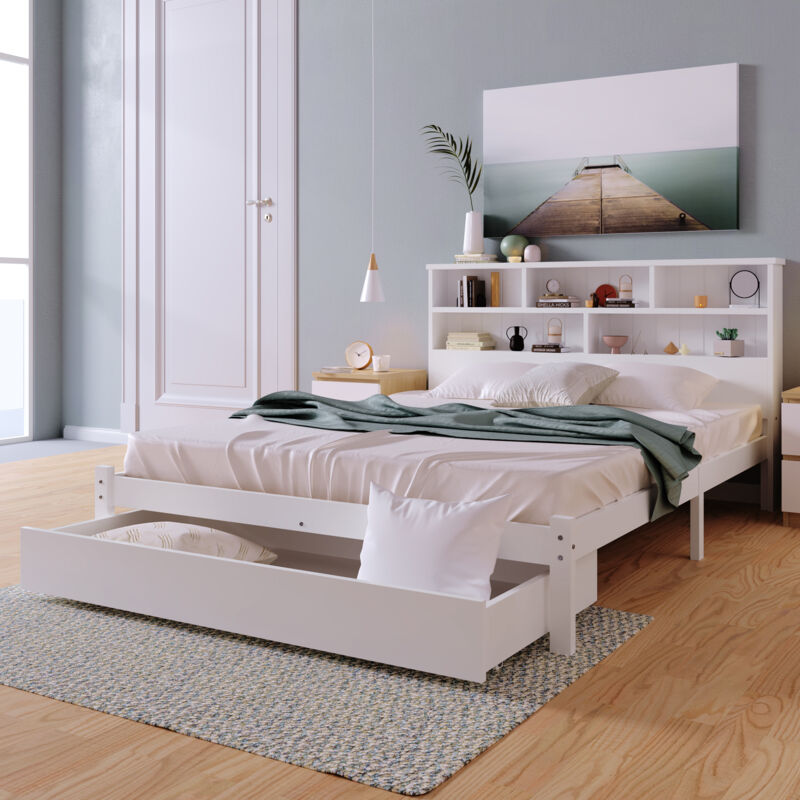 Modenvie Bett Mit Schubladen 140×200 Cm, Doppelbett Mit Bücherregal-kopfteil Und 2 Schubladen, Ohne Matratze, Aus Massivholz, Weiß