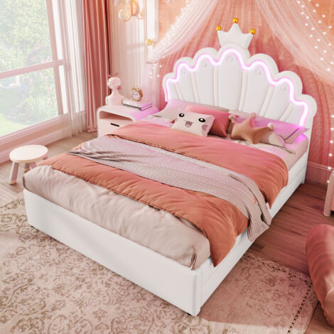 Bett Mit Schubladen 140×200 cm, Doppelbett mit LED Beleuchtung, 2 Schubladen und Verstellbarem Kopfteil, ohne Matratze, PU, Weiß